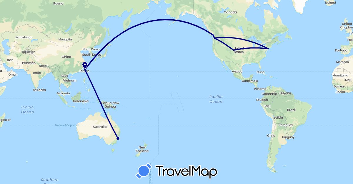 TravelMap itinerary: driving in Australia, Canada, Taiwan, United States (Asia, North America, Oceania)